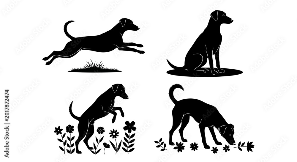 Fototapeta premium Dog silhouettes, black dog icons, canine vector set, pet illustrations