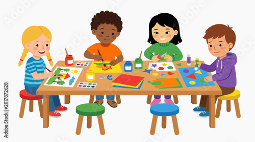Diverse group of children engaged in art and craft activities at a table, painting and cutting shapes vector