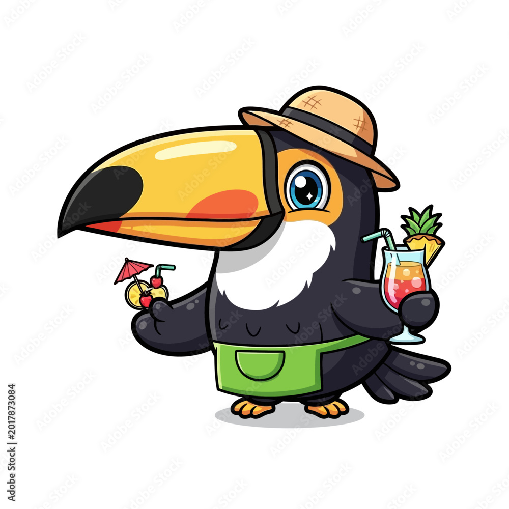 Fototapeta premium Toucan Wearing a Hat Holding Drinks.