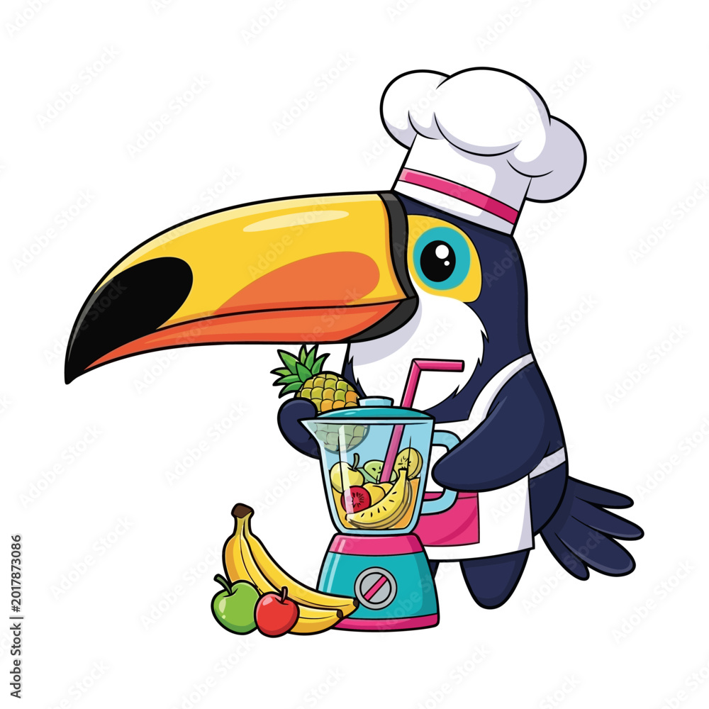 Naklejka premium Toucan in chef hat making smoothie.