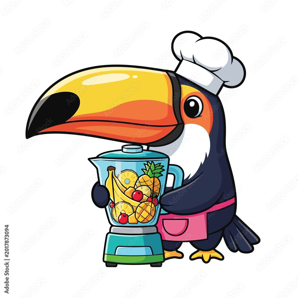 Fototapeta premium Toucan wearing chef hat holding blender.