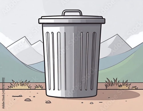 An illustration depicts a metallic trash bin against a backdrop of a mountain range, sky, and sparse vegetation