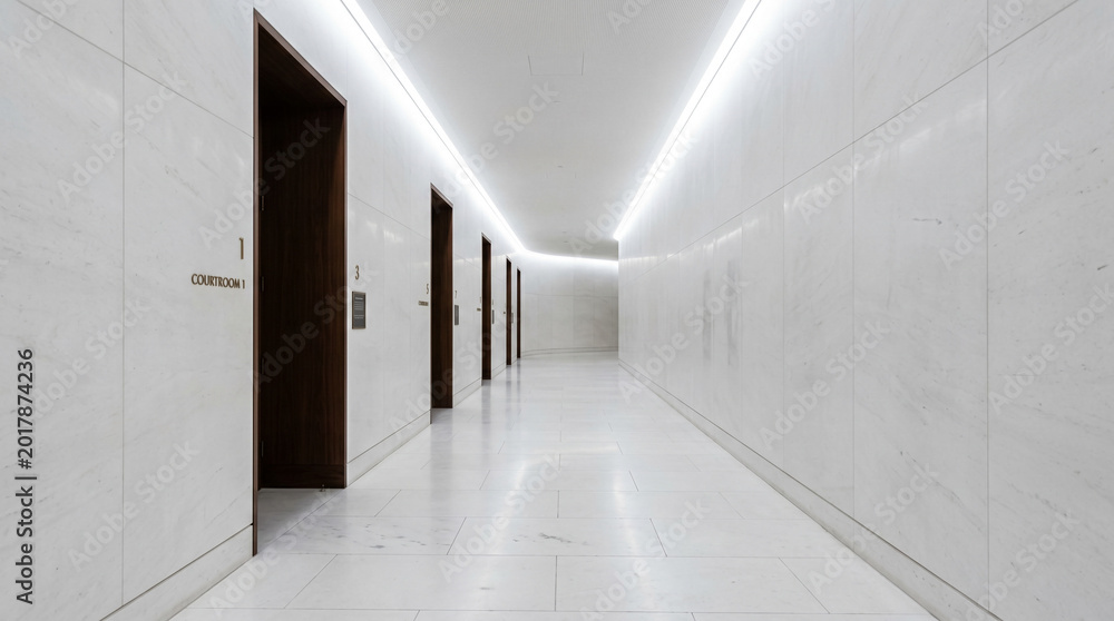 Obraz premium Minimalist Supreme Court Corridor with White Limestone Walls for Powerful Legal Architecture Imagery