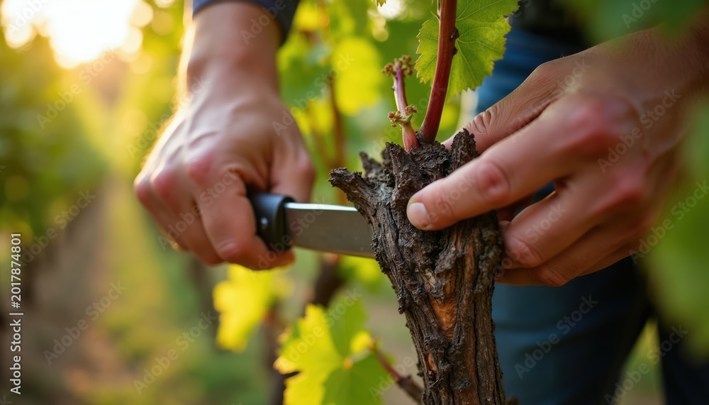 Fototapeta premium Man prunes grapevine with knife in vineyard during spring. Hands trim vine plant, showing viticulture skill. Sunlight shines on cultivation work.