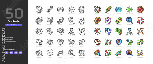Bild auf Leinwand Bacteria icon set collection - colored outline line art style