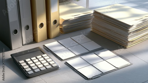 Wellorganized workspace featuring accounting tools and financial documents. Neatly arranged desk equipped with essential financial instruments and important records for accounting purposes