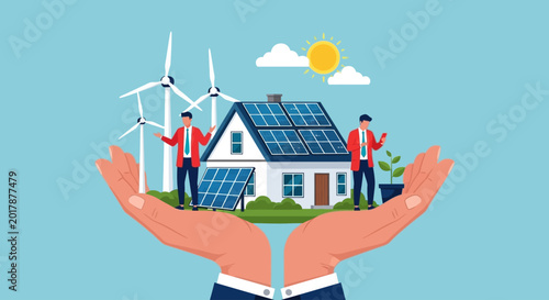 Eco friendly home, sustainable living, renewable energy, solar panel vector