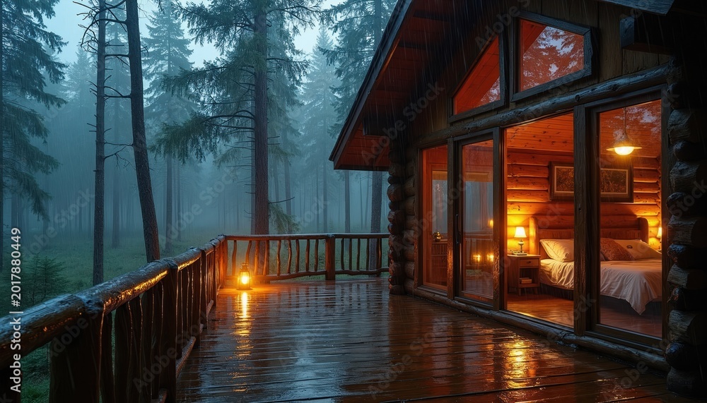 Fototapeta premium Log cabin porch with wet wood reflects lantern light. Bedroom interior glows warm from inside. Foggy pine forest surrounds cozy woodland retreat.