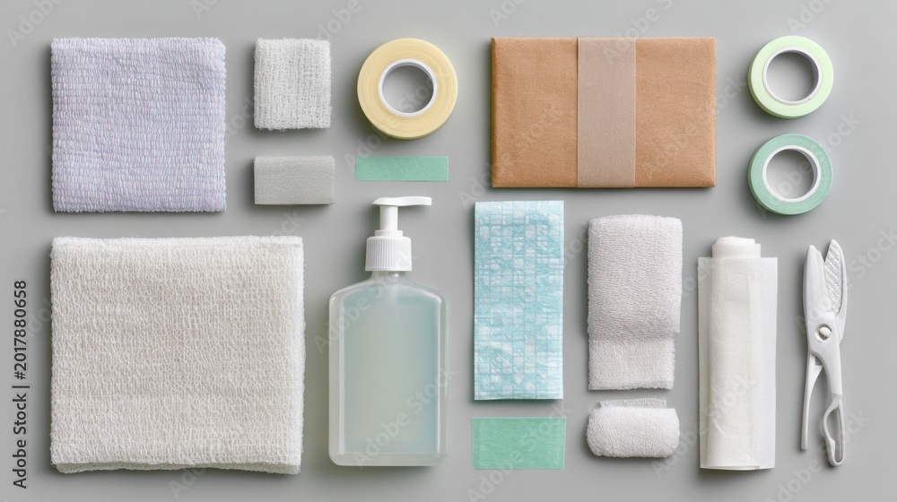 Naklejka premium Skincare product display. Elegant arrangement of skincare items. Organized flat layout featuring skincare essentials and accessories. Tidy presentation of beauty products with accessories for sale