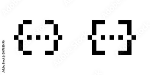 Fotografía Pixel curly braces icons with ellipsis, 8-bit code syntax symbols, retro blocky