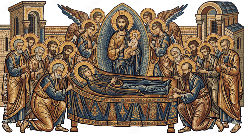 Obraz premium Byzantine mosaic depicting Dormition of the Virgin Mary with saints 
