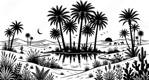 Black and white palm tree silhouettes with desert oasis scene, botanical element illustrations, vector design elements
