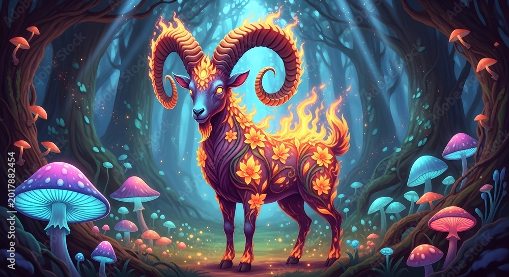 Obraz premium Mythical Blue Horn Fire Goat in Magic Mushroom Forest for 2027 Zodiac