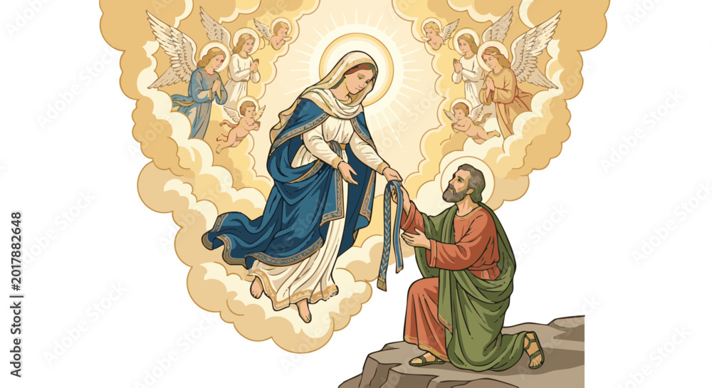 Obraz premium Virgin Mary handing her girdle to Thomas in heavenly atmosphere 