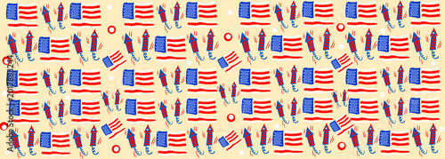 patriotic pattern with American flags and fireworks on beige background for Independence Day,wrapping paper,textile prints,patriotic social media templates,posters, and summer celebration decor. 