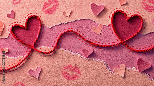 Creative Valentine's Day background with red rope forming heart shapes and paper cutouts on pink texture