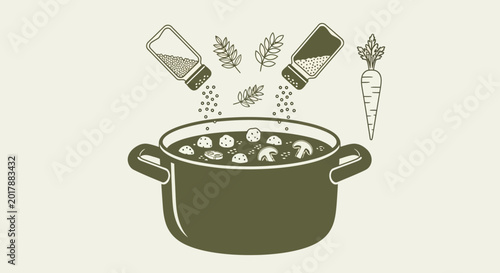 Tableau sur toile Hearty soup, vegetable broth, cooking illustration, green pot, culinary art