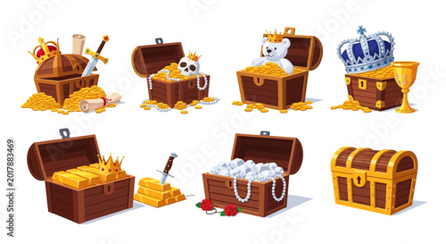 Cuadro en lienzo Treasure chests, gold coins, jewels, cartoon icons, vector illustrations, treasu