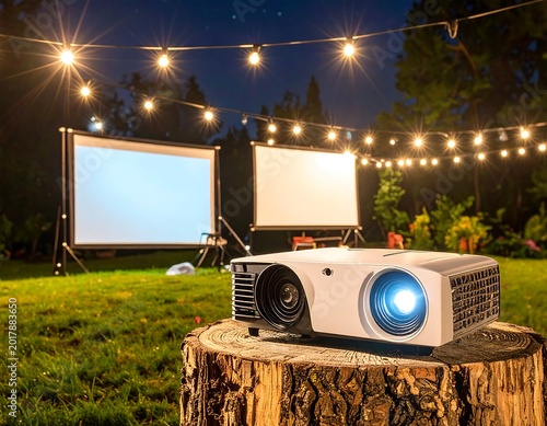 An outdoor home cinema setting under the night sky, featuring a projector and two screens, strung with festive lights on a lawn