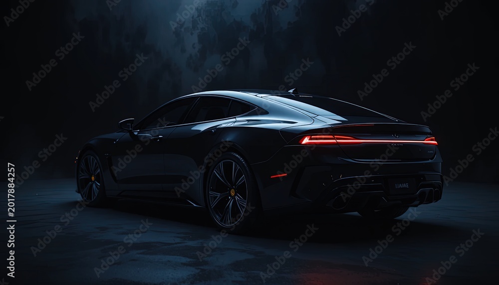 Fototapeta premium Sleek and Modern Black Sports Car Rear View in Dramatic Lighting, a study in Automotive Elegance and Design