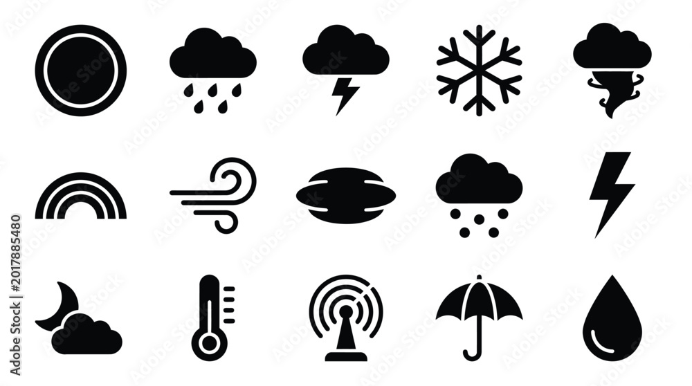 Fototapeta premium Collection of weather icons representing various meteorological phenomena and conditions.