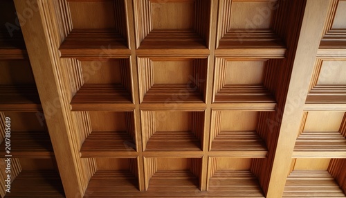 Intricate wood coffered ceiling features geometric pattern creating depth and shadow. Detailed carpentry adds warmth and classic elegance to interior spaces.