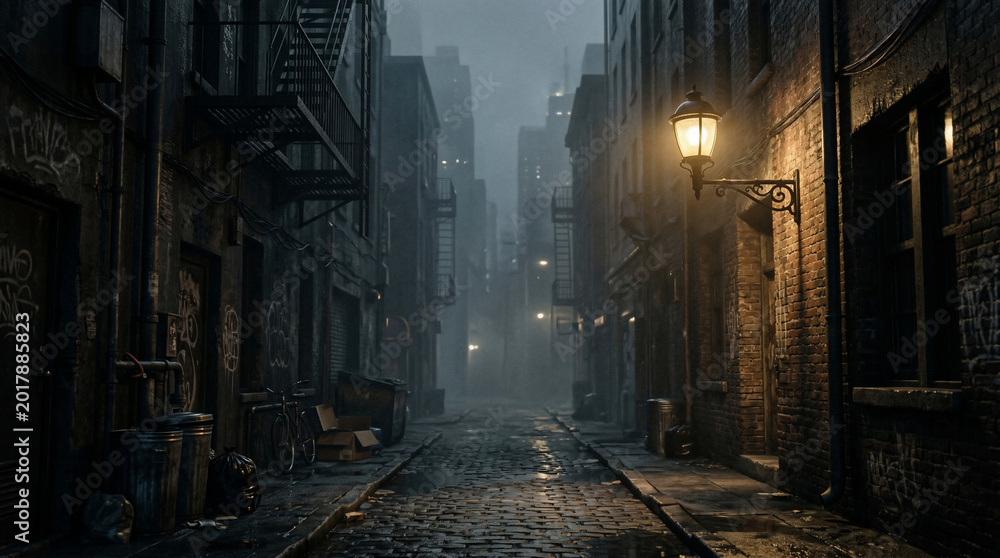 Fototapeta premium Mysterious Alleyway: An atmospheric urban alley, shrouded in a heavy mist, evokes a sense of intrigue, with vintage streetlights casting a warm glow, against the backdrop of aged brick buildings.