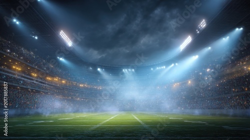 Vibrant American football stadium glowing under lights and flashes, with a full crowd, lit field, and intense nighttime energy.
