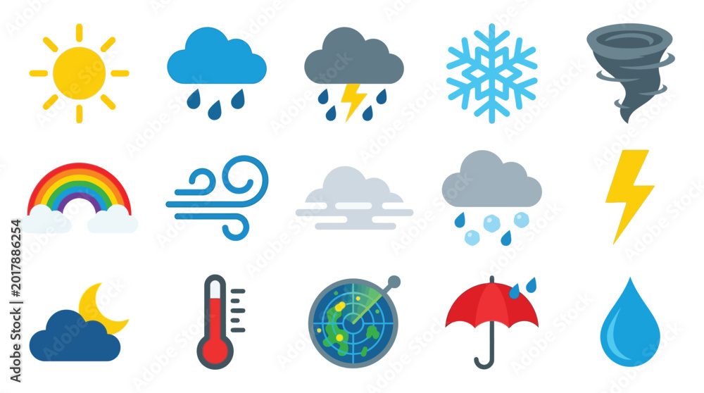 Fototapeta premium Collection of colorful weather icons representing various meteorological phenomena and conditions.