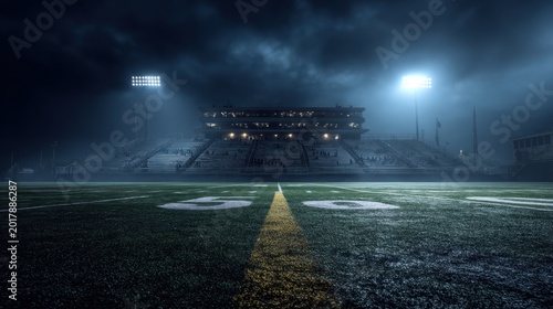An American football field at the 50-yard line illuminated by Friday night lights with empty bleachers and a dramatic atmosphere.