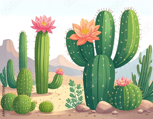 An illustration depicts various cacti in a desert landscape. Several are flowering with large, colorful blooms