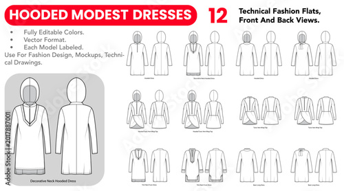 Photos Hooded Modest Dresses collection includes black and white technical fashion flats with front and back views, outline versions and long covered silhouettes