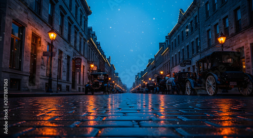 Vintage cars on wet cobblestone street at night