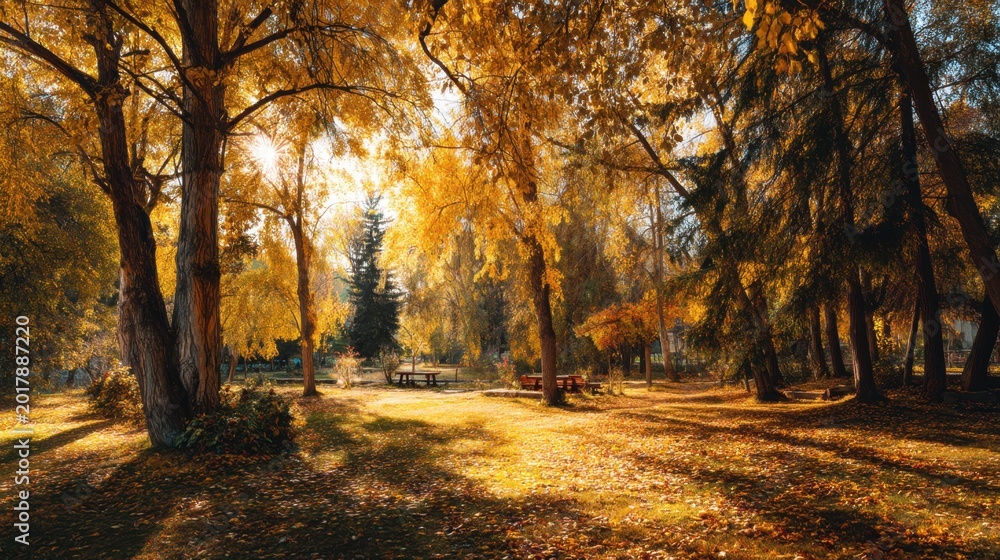 Fototapeta premium Sunlit park with bright yellow trees and colorful foliage, leaves falling gently, capturing the calm and beauty of autumn.