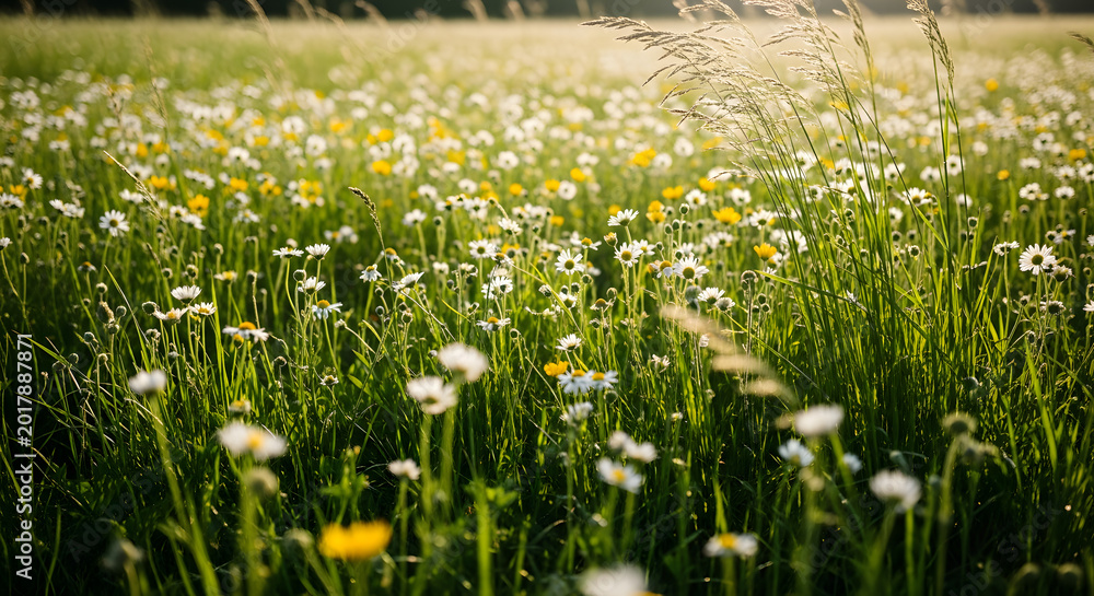 Fototapeta premium White daisies and yellow wildflowers in meadow