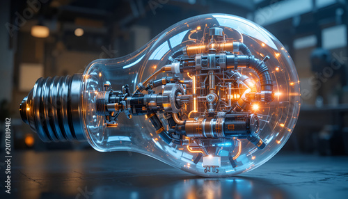 Lightbulb showcasing an elaborate interior of metallic tubes and wires lies on a dark workbench as orange sparks of energy pulse through the glass casing in a high-tech lab setting.