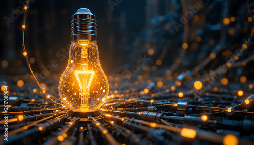 Lightbulb illuminates a complex network of dark electronic pathways creating a visual metaphor for artificial intelligence and the rapid growth of sophisticated global computing systems.