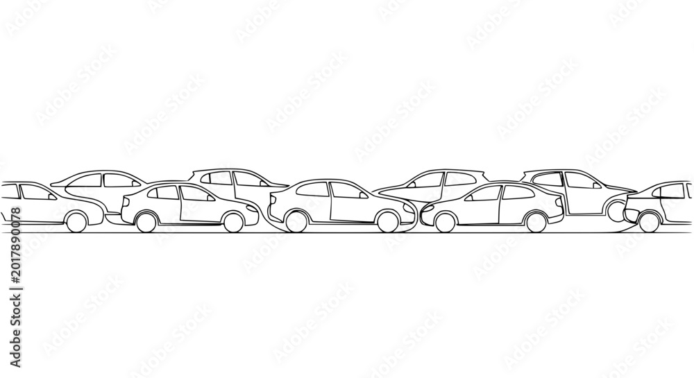 Fototapeta premium Line drawing of cars in traffic jam, white background, simple sketch, automotive illustration