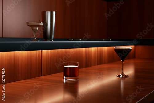Elegant bar setting with assorted cocktails and refined wooden accents