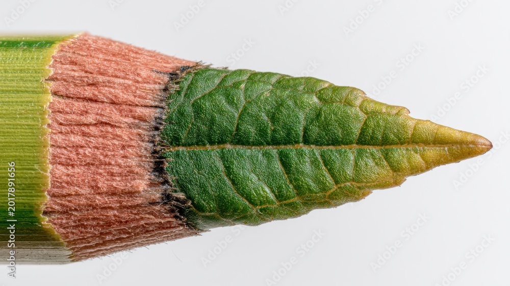 Fototapeta premium Green leaf pencil tip merging botanical texture, closeup studio macro showing wooden shaft with vivid veins, sharp natural point, subtle shadows, white background, concept prototype for sustainable