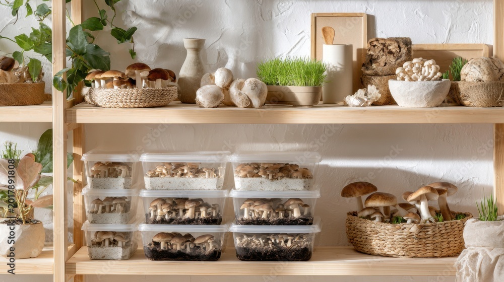 Obraz premium Pantry shelves filled with organized jars, bulk grains and seeds in clear containers, wicker baskets with ceramics, labeled stacks for meal prep, calm neutral decor, sustainable storage for mindful