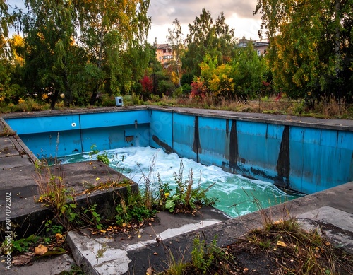 An outdoor pool, now unused, with water flowing through it. Colorful trees and buildings are visible in the background