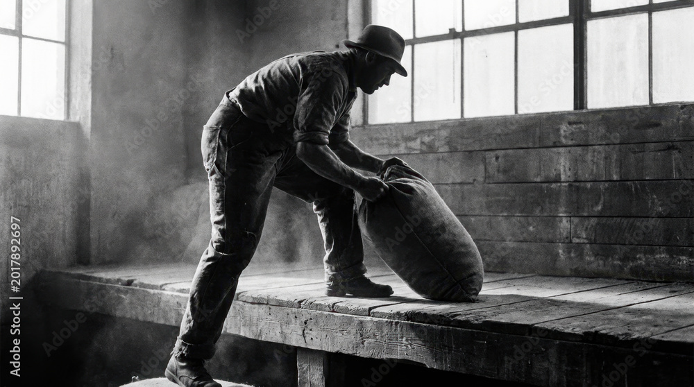 Fototapeta premium Rugged Worker Lifting Sack in Industrial Mill