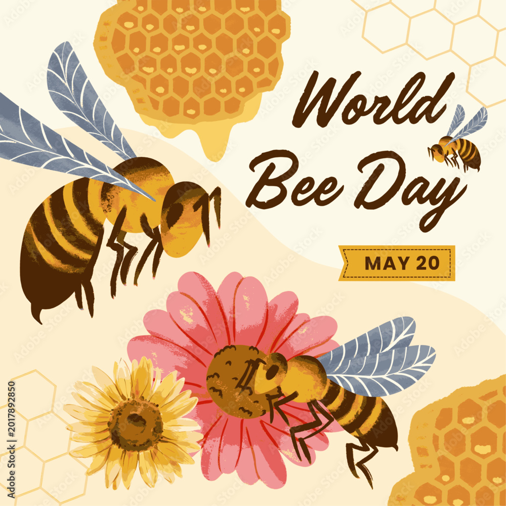 Fototapeta premium World bee day Watercolor card. Honey bee collect pollen from flower. Honeybee day banner. Vector flat illustration poster, flyer, social media post, awareness campaign, educational announcement