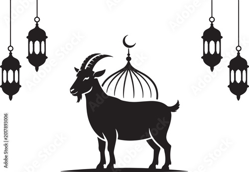 Eid aladha goat silhouette with mosque dome and hanging lanterns