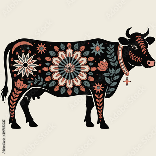 Folk art style decorative cow illustration