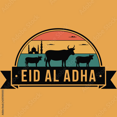 Eid al adha greeting design with mosque and cattle silhouette