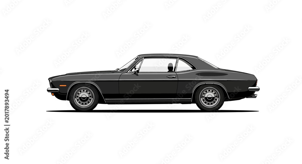 Obraz premium Vintage Black Coupe Car Side View Isolated on White Background