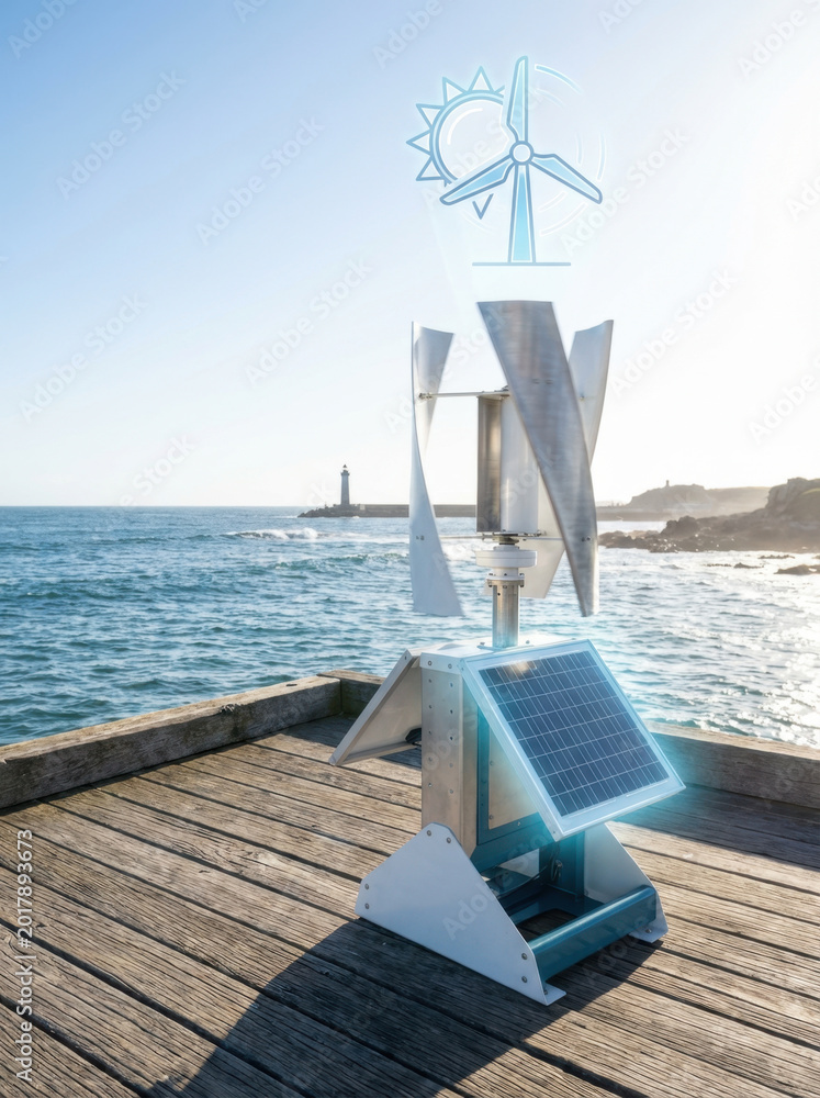 Fototapeta premium Wind Turbine Windmill Robot on Dock by Ocean