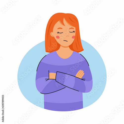Funny teenage girl with a sad expression on her face. Childish resentment and discontent. Human emotions and mood. character on blue background. Illustration for school, psychology, or education